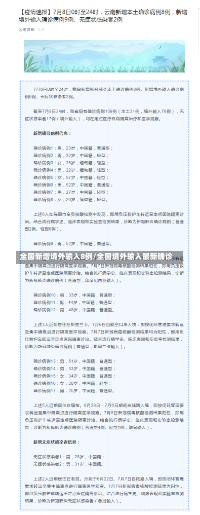 全国新增境外输入8例/全国境外输入最新确诊