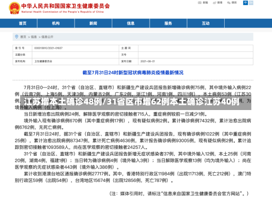 江苏增本土确诊48例/31省区市增62例本土确诊江苏40例